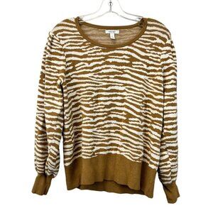 Nine West Women’s Round Neck Long Sleeve Sweater Light Brown/White Zebra Print L